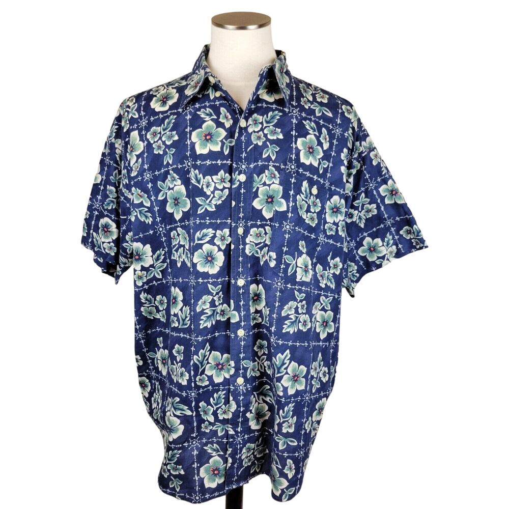 Chaps Ralph Lauren Short Sleeve Button Shirt Men's XL Blue Green Floral Cotton